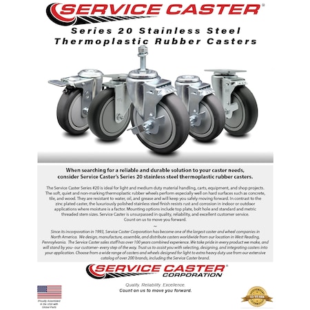 Service Caster 3 Inch SS Thermoplastic Rubber Wheel Rigid Top Plate Caster SCC-SS20R314-TPRB